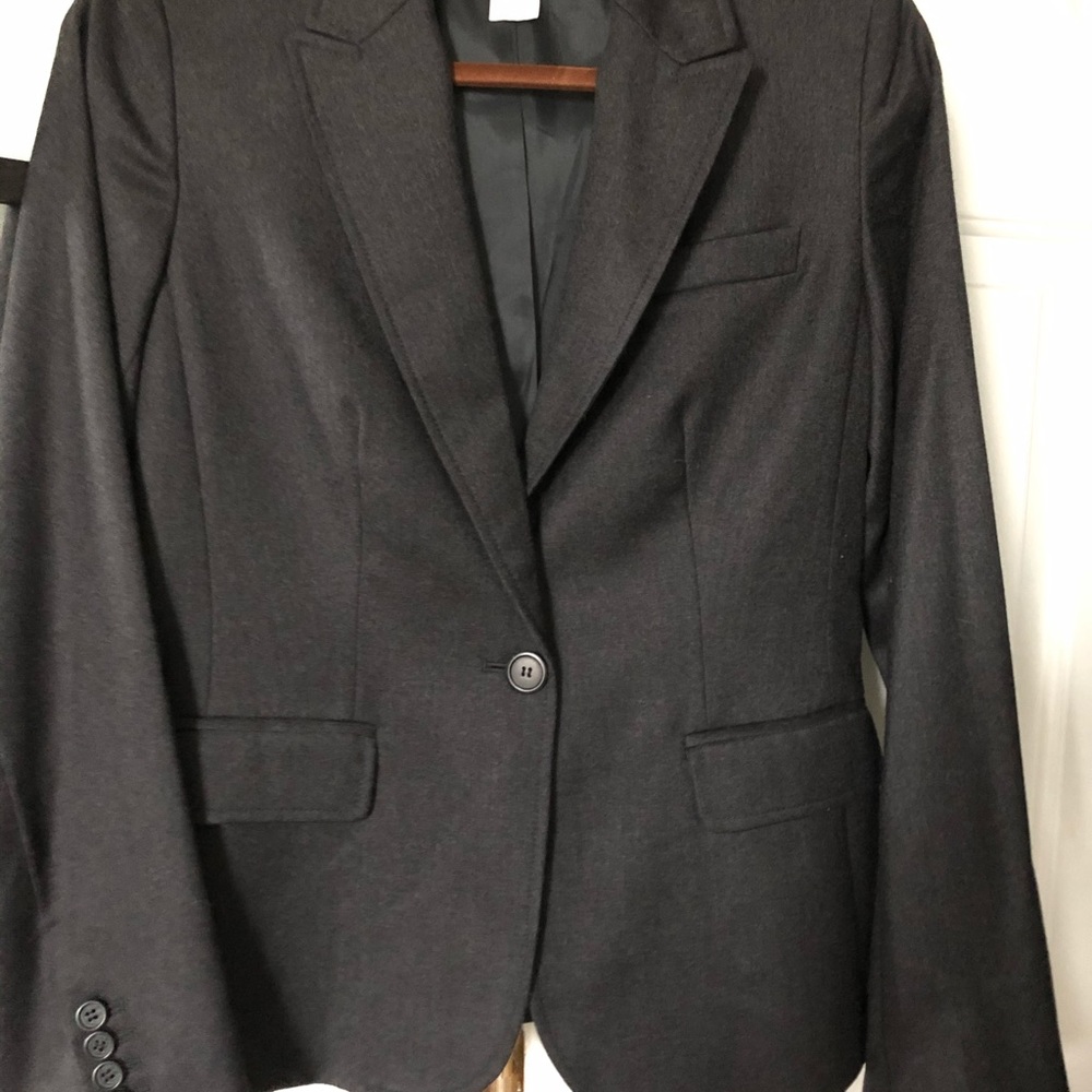 Charcoal gray, button front wool suit blazer